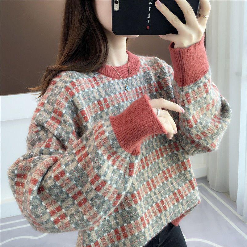 Round Neck Sweater Women's New Korean Version Loose and Lazy Style Western-style Short Knit Base Sweater with Inner Lining