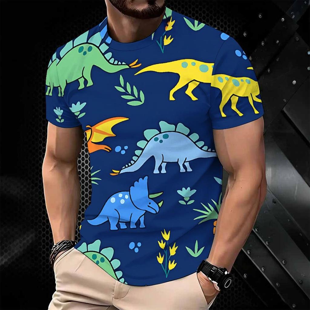 Dámské tričko s krátkým rukávem a kulatým výstřihem Tmavě modré Cartoon Vícebarevné Dinosaura Rostlina Celoplošný potisk Top