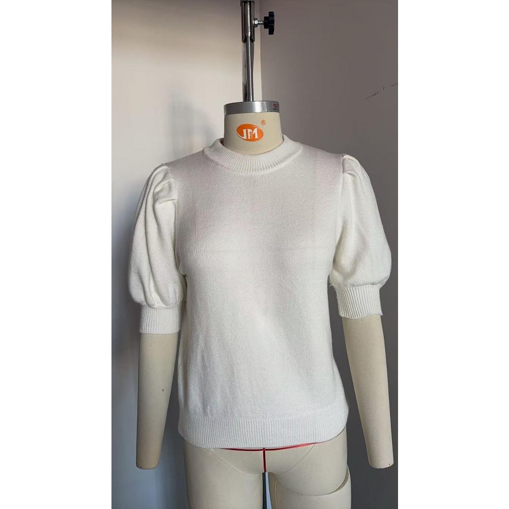 Summer Women's Casual Simple Round Neck Bubble Sleeve Solid Short Sleeve Sweater