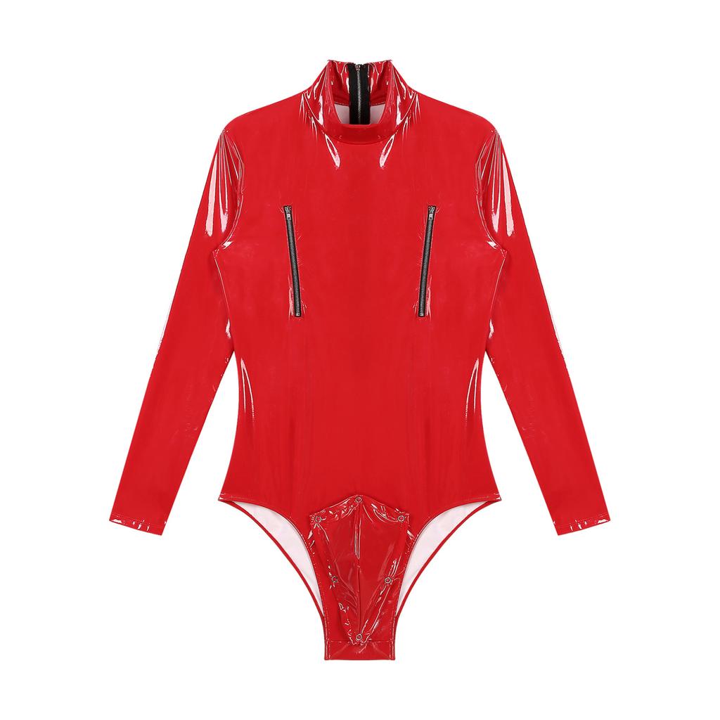 Men's PVC Leather Long Sleeve Leotard Latex Bodysuit Zipper Catsuit Clubwear