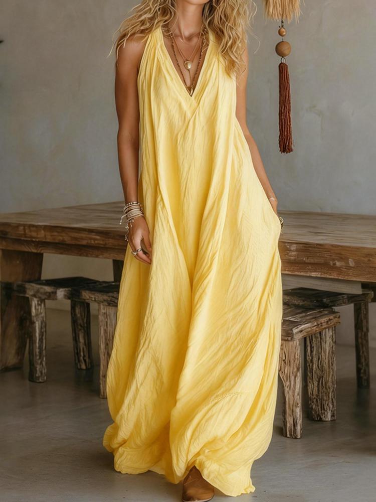 Damen Sommer Locker Ärmellos Schickes Maxikleid, Einfarbig Patchwork Elegantes Partykleid Lässig Einfach V-Ausschnitt Damenkleider