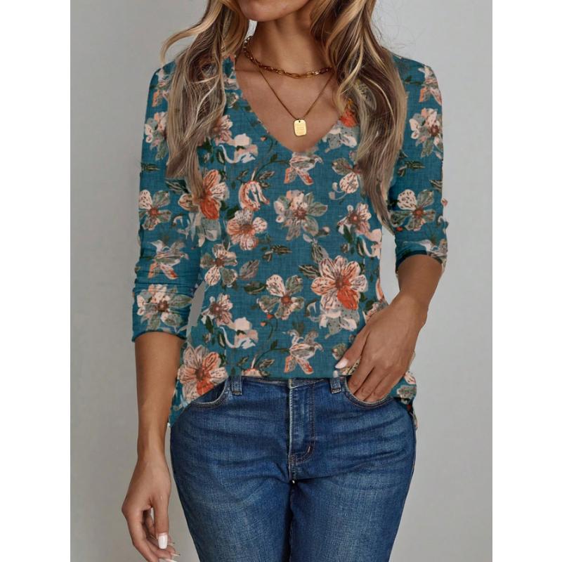Damen 3D Retro Floral Print V-Ausschnitt Langarmshirt Schlankmachender Polyesterstoff Frühling und Herbst Lässiger Stil Oberteil