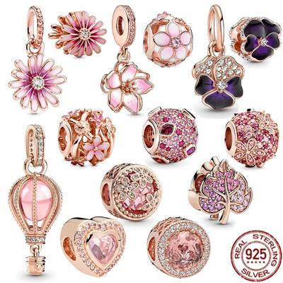 Ciondoli pendenti con fiori di margherita rosa scintillante e fiori di ciliegio in argento sterling 925 in forma originaleNuovo braccialetto gioielli da donna