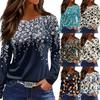 אופנה נשים מזדמן שסע מכפלת עגול צוואר ארוך שרוול ארוך מודפס חולצת טריקו גבירותיי נשים