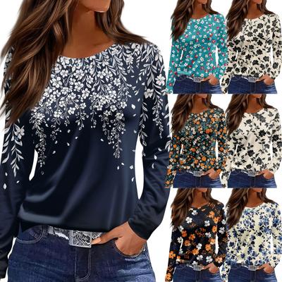 Dames casual T-shirt met split aan de zoom, ronde hals, lange mouwen en losse print.