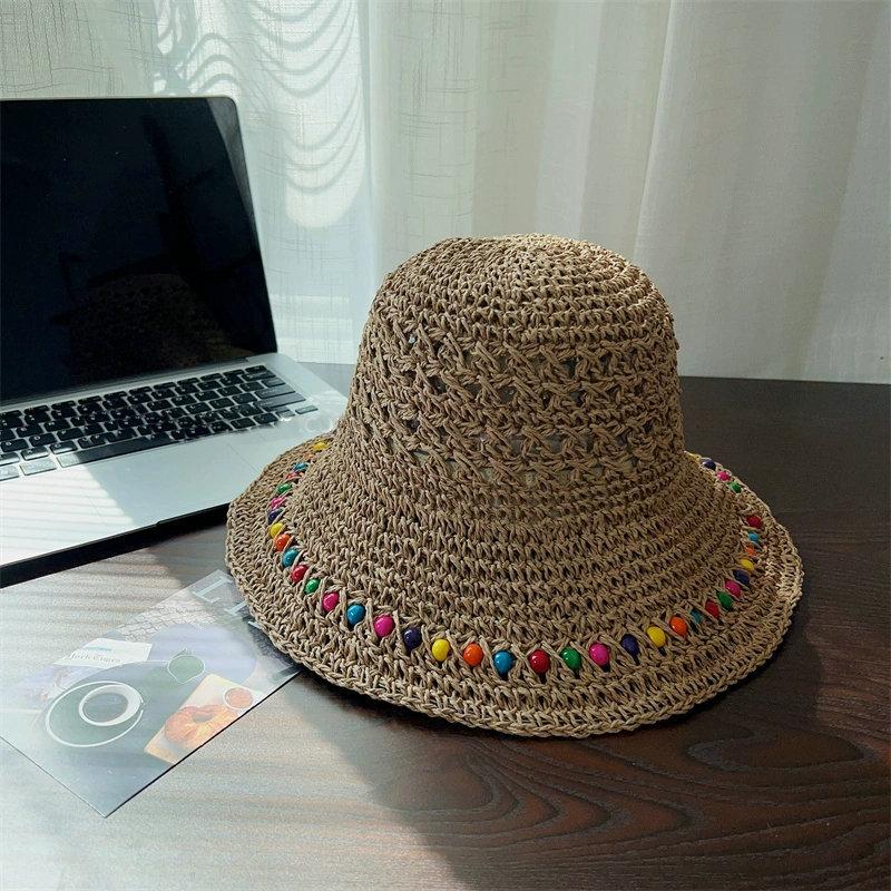 

New Popular Summer Beach Bucket Hat Cap For Women Crochet Straw Rainbow Spring Fish Hat Outdoor Female Lady Gift Wholesales