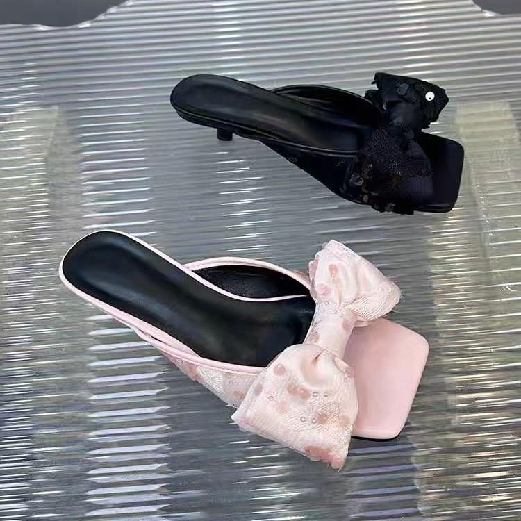 Fashion New Chinese Style Printed Bow, Square Head, Thin Heel, Middle Heel, Cool Drag High Heels