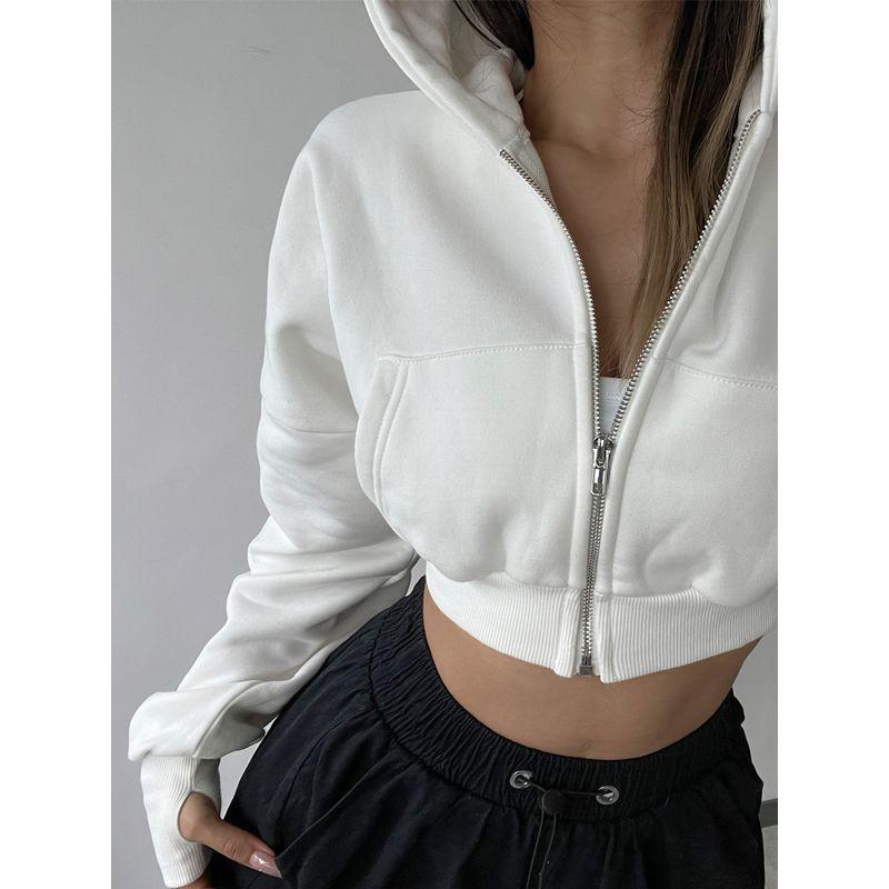 

and American Women s Clothing Fitness Sweater Spring and Autumn Thickening High Waist Slim Looking Sports Coat Short Zipper Hooded Cardigan Winter White does not Fleece-lined spring and autumn M