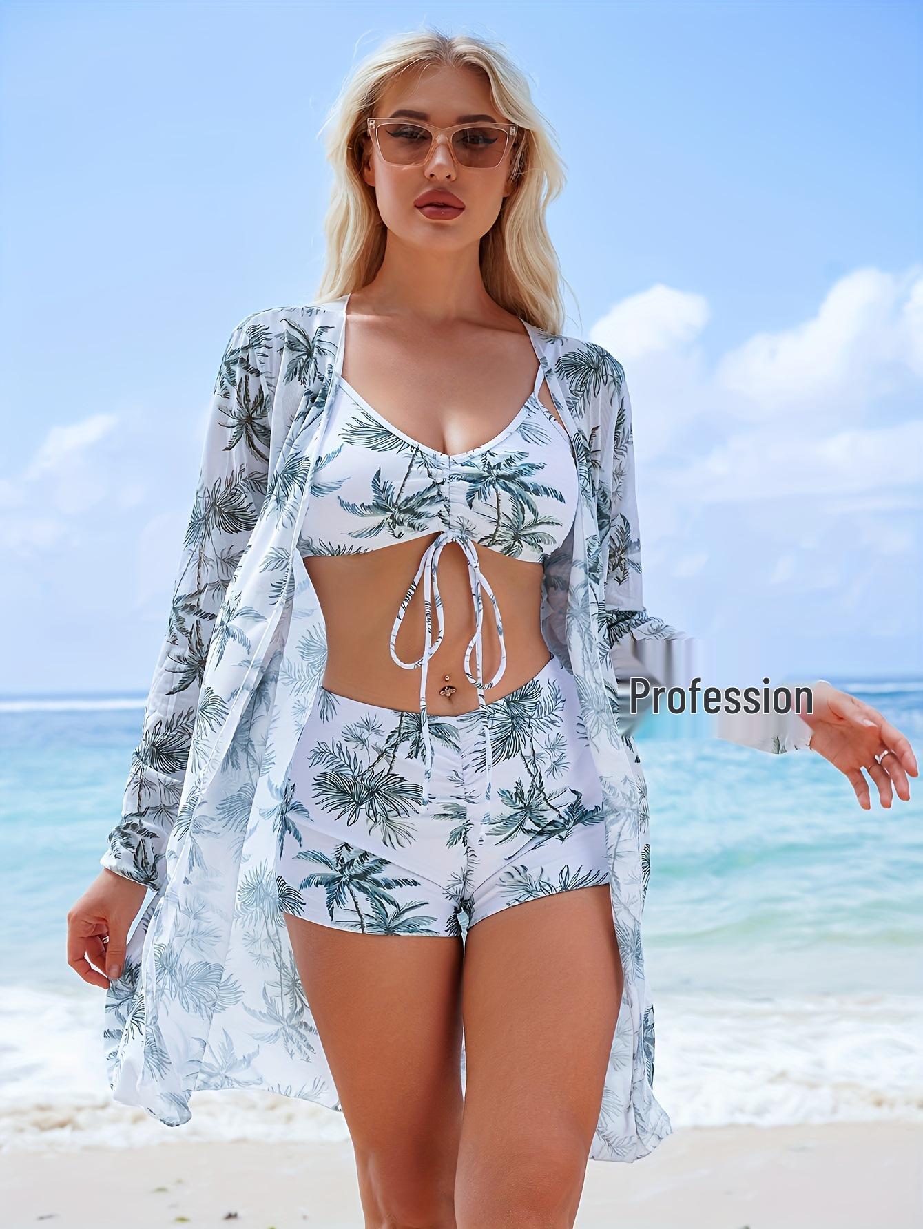 

Женский раздельный купальник бикини с бантом из трех частей с шортиками и кардиганом Large светло-зеленый