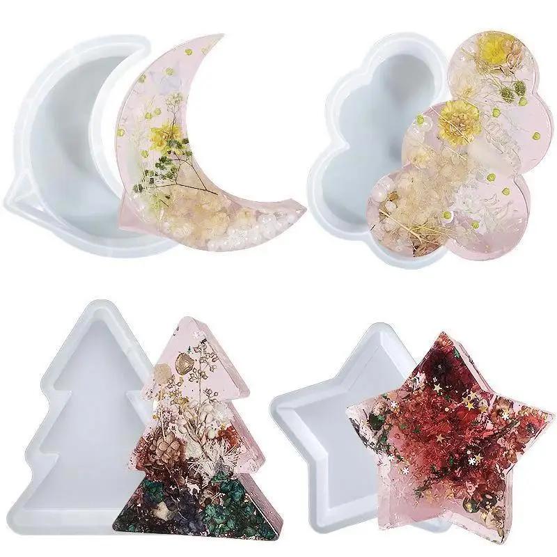 4 Style Large Bookend Resin Mold Moon Pentagram Cloud Christmas Tree Ornament Specimen Silicone Mold For Home Decor Gifts