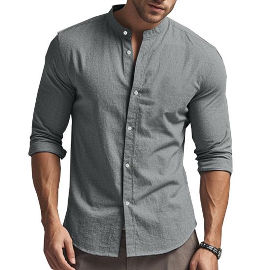 Men Cotton Linen Shirt Long Sleeve Button Down Shirt Band Collar Casual Summer Shirt