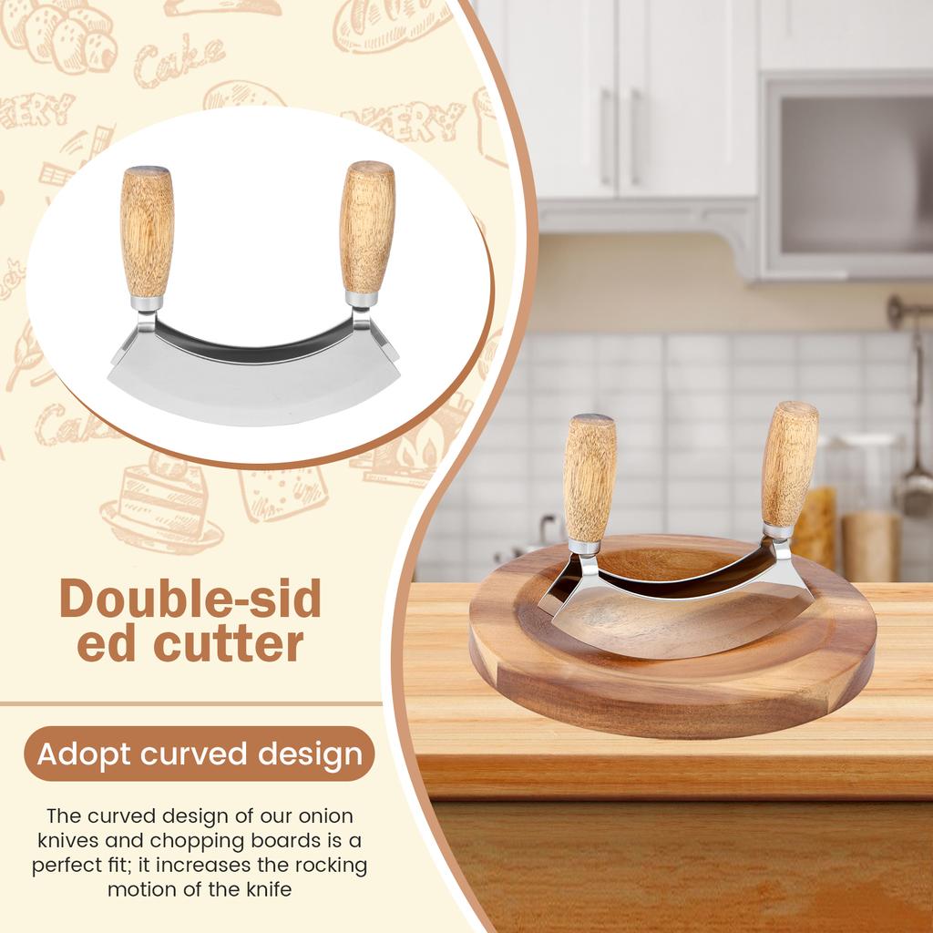 Zestaw noży Ulu z okrągłą deską do krojenia, stal nierdzewna, nóż do krojenia Rocker Chopper, nóż do pizzy, nierdzewny, krajalnica Rocker