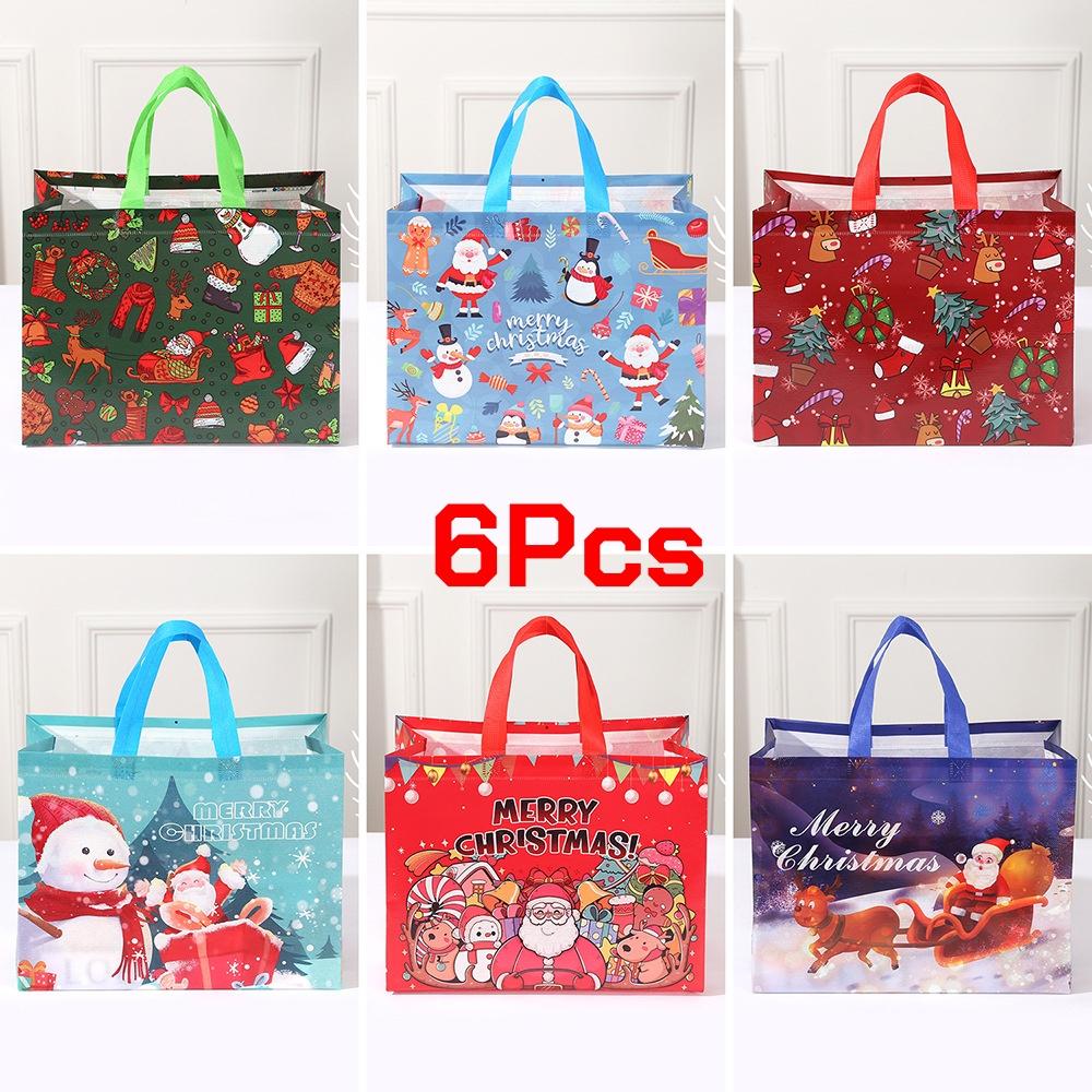 6/12Pcs Multifunctional Non-Woven Christmas Bags for Gifts Wrapping Shopping - Treat Bags with Handles, Xmas Party Supplies
