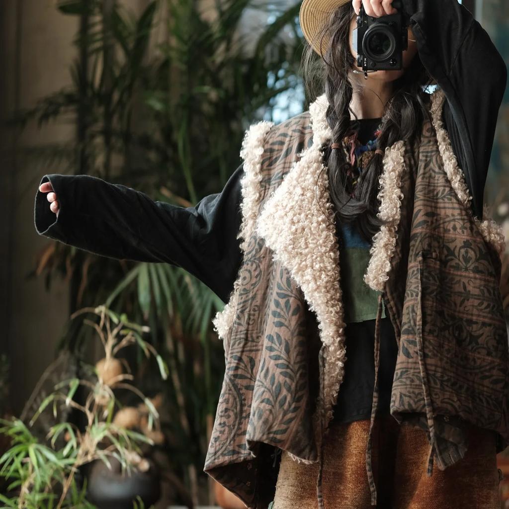 Johnature Women Vintage Print Floral Vests Coats Spring Chinese Style Warm Belt Female Coats
