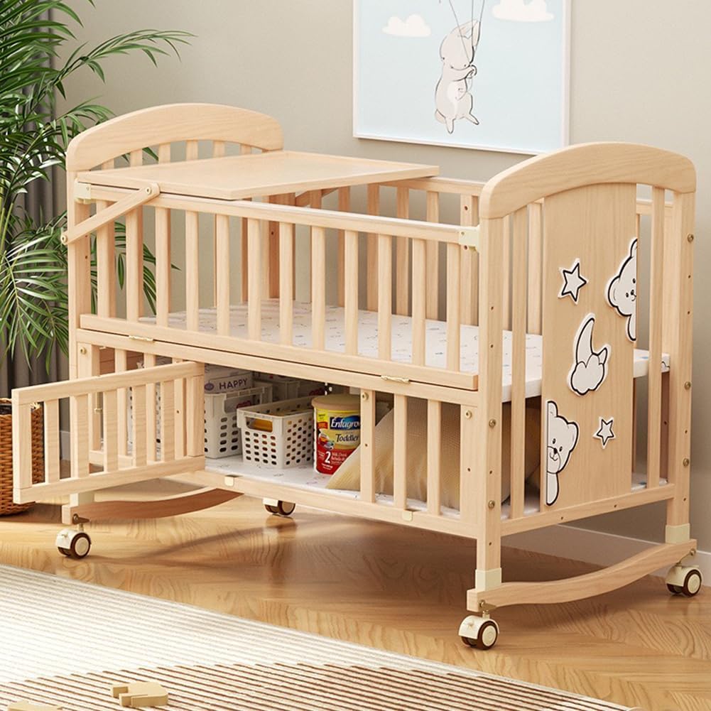 Areden Wooden Infant Bed Durable Baby Easy Adjustable Fall Simple and Stylish Suitable for Newborns and Babies of Various Compact Mosquito Wood Color