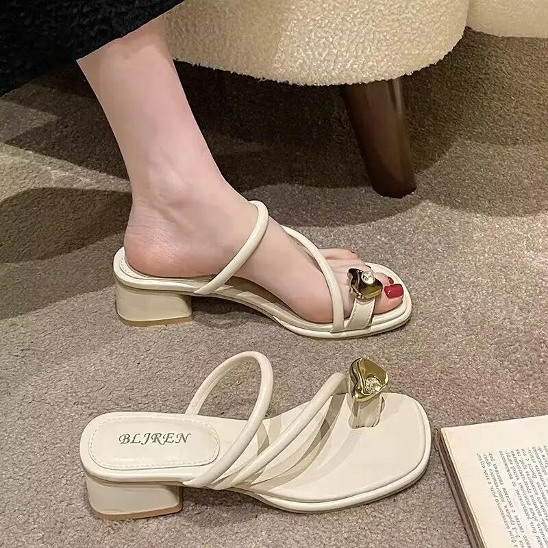 Fashion Slides Medium Heel Black Shoes On Promotion Summer Footwear Chic Elegant Women's Slippers and Ladies Sandals 2025 Trend H Sandal