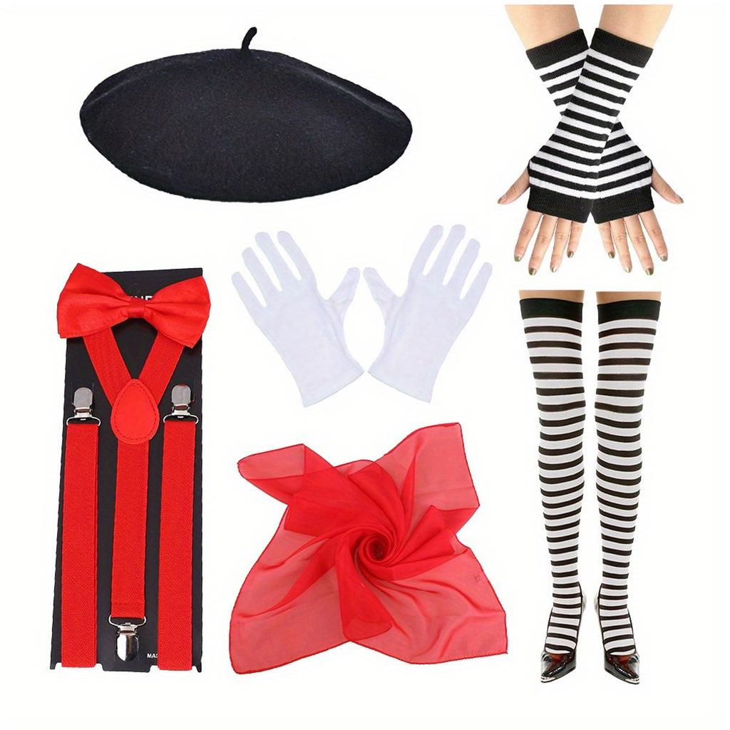 PESENAR Women Mime Artist Costume Accessories Girl French Mime Costume Halloween Outfit with Beret Gloves Suspender Scarf Socks