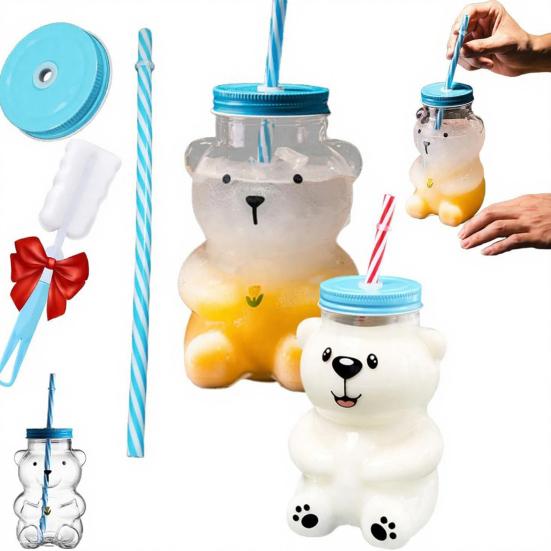 Medvědí skleněný pohár s víčkem a brčkem Opakovaně použitelný medvědí brčkový pohár Roztomilý skleněný tumbler na kávu, pivo, víno, koktejl