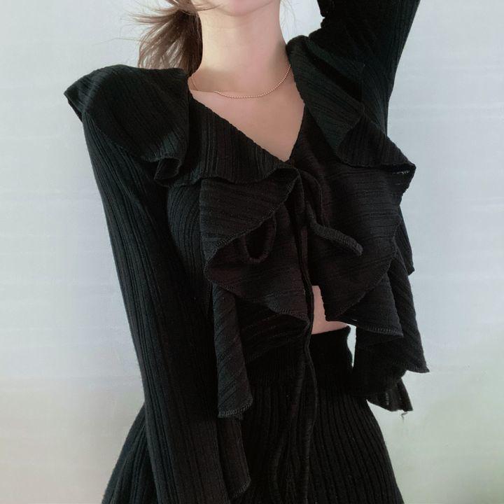 Korean Style Peter Pan Collar Ruffle Trim Cutout Bell Sleeve Top