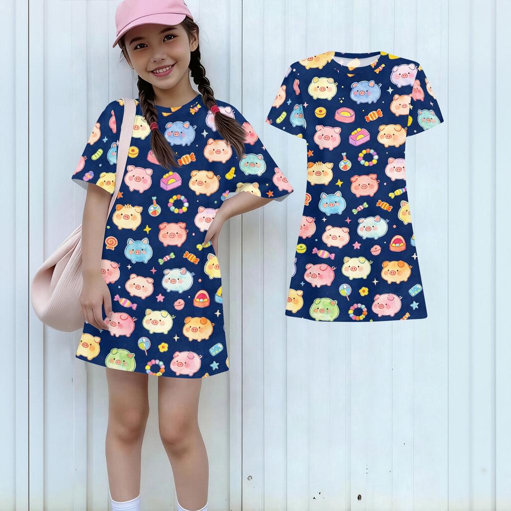 Girls Loose Fit Short Sleeve Dress Lightweight Summer Dress Kids Round Neck Dress with Animal Print Pattern Casual Kids Dress for Everyday Wear