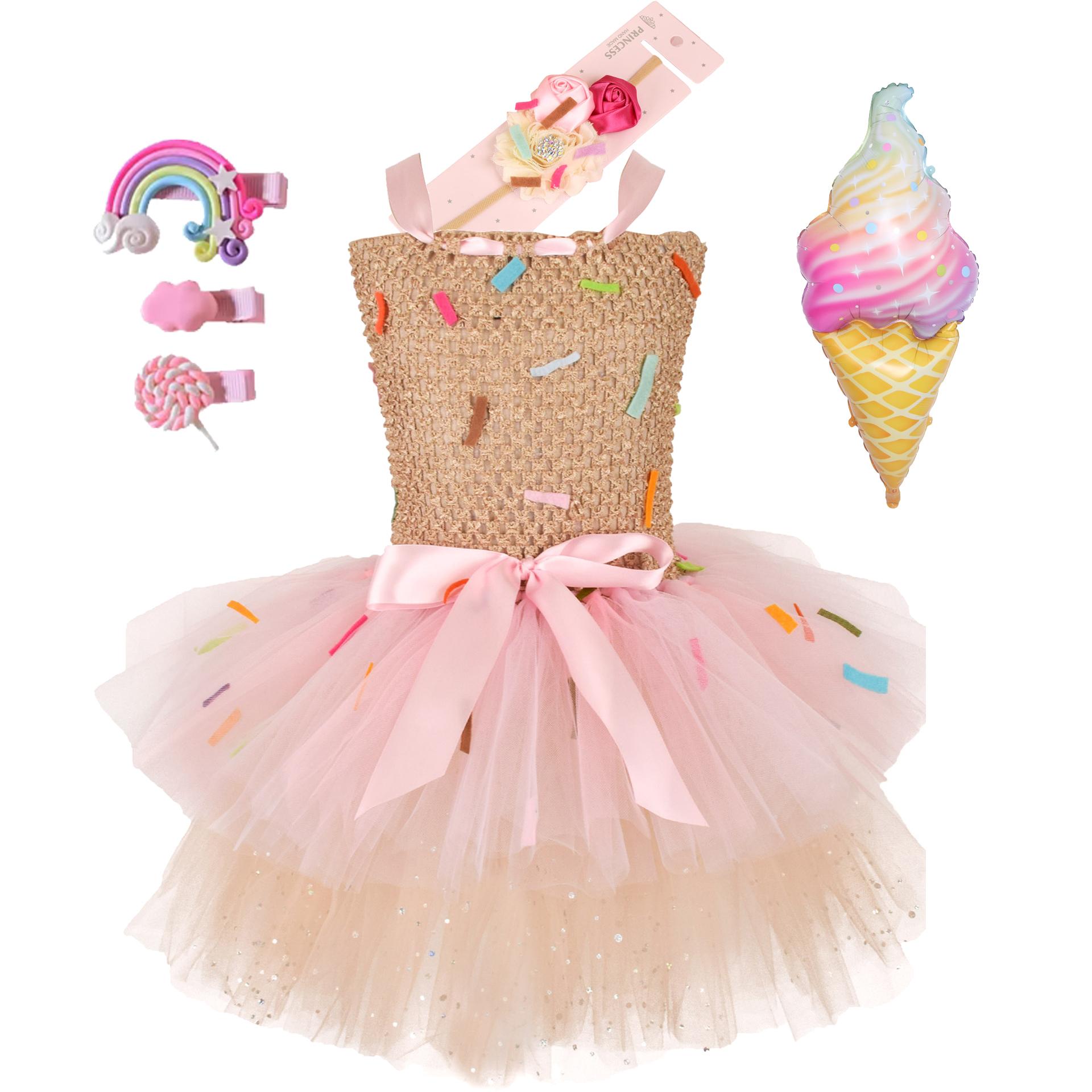 Zoete IJslolly Snoep Thema Meisjesjurk voor Kinderverjaardag Carnavalsfeest Regenboog Tule Kinderkostuum Bruiloft Outfits 4-5T beige