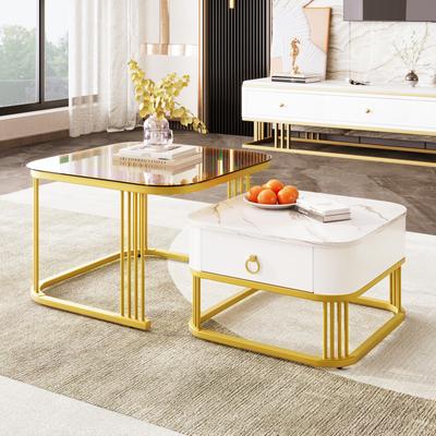 Stackable Coffee Table: High-gloss Marble-effect and Tea-brown Glass Top, Gold Accents, Side Table with Drawers. Two-piece Set