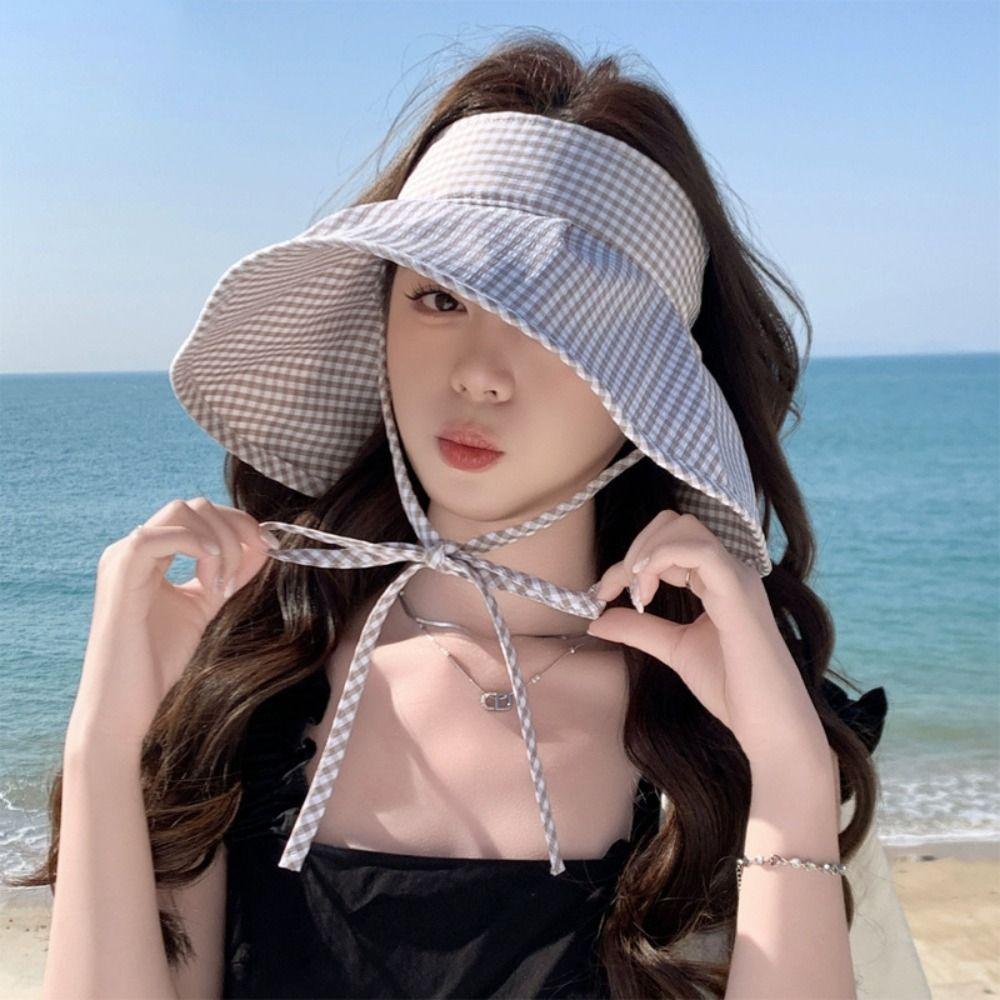 Chapeau de Soleil Respirant à Large Bord Imprimé Carreaux Protection Solaire Chapeaux Pour Dames Filles