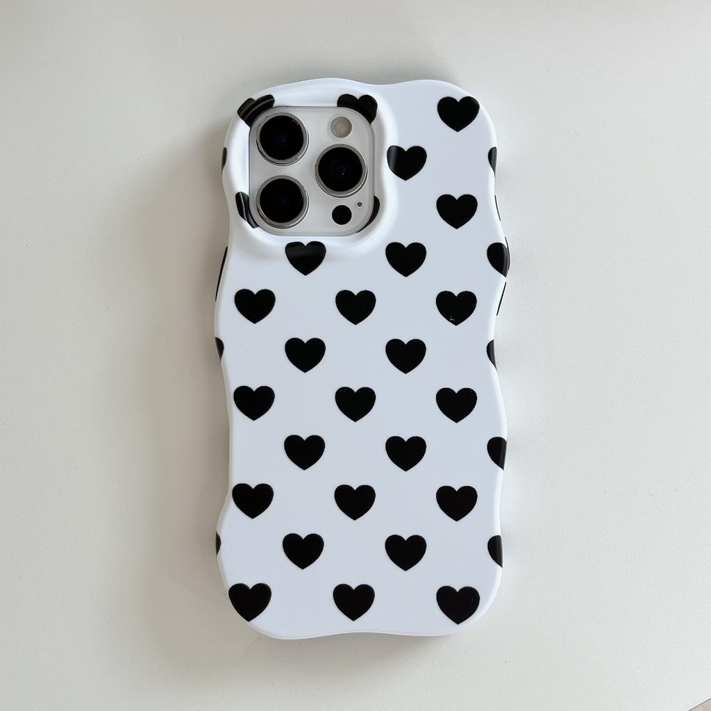 2 In 1 TPU+PC Glossy Cute Heart Hard Phone Case for iPhone 13 14 15 16 Pro Max Wave Edges Comfortable Touch Slim Girly Cover
