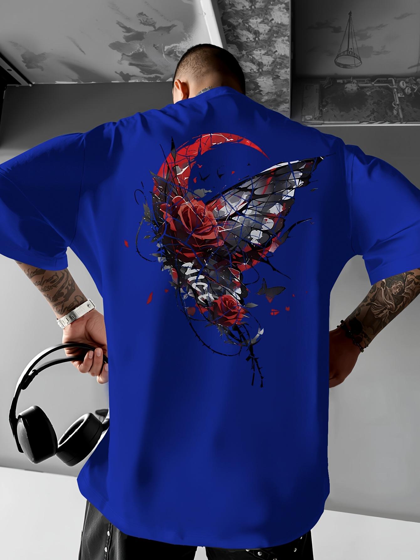 Men s Summer Floral T-Shirt - Mustard-Yellow with Black/Red Roses - Loose Fit Casual Everyday Shirt S синий