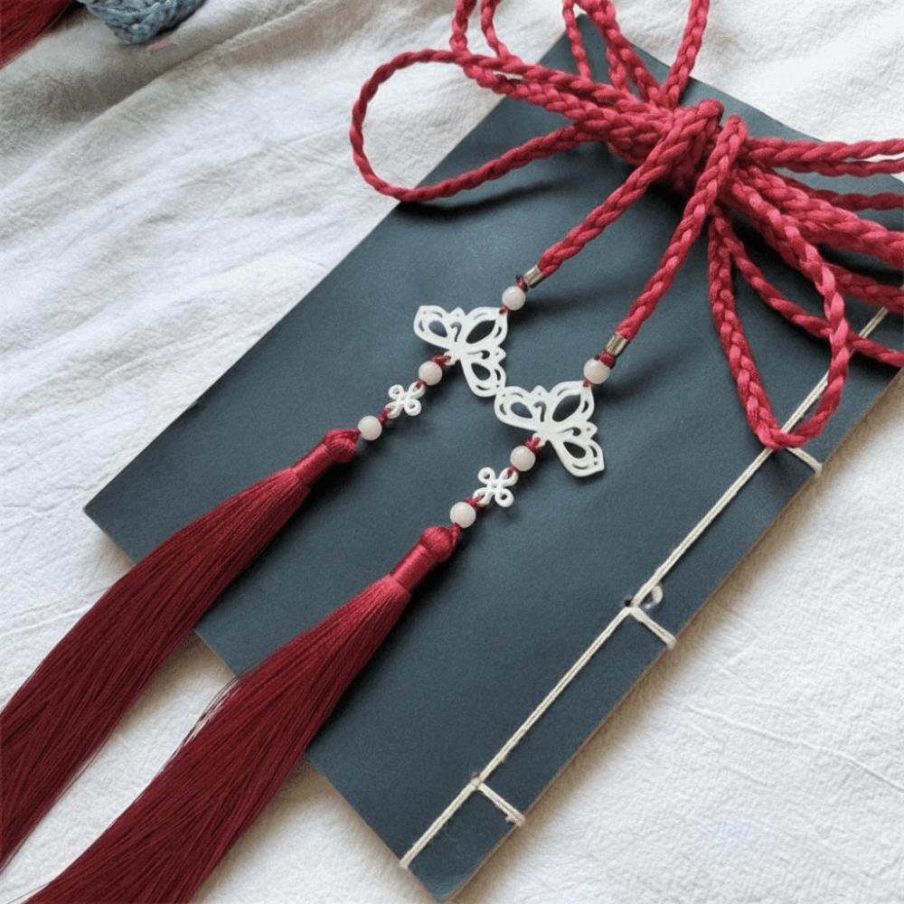 Vintage Handwoven Hanfu Waist Tie Belt Chinese Style Traditional Tassel Waist Cord Butterfly Pendant Waist Rope for Men Women