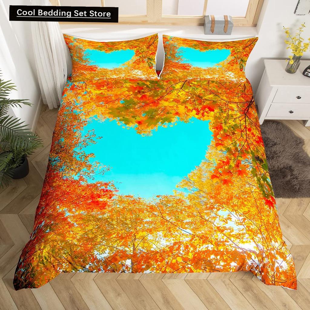 Autumn Tree Leaf King Queen Bedding Set Cartoon Botanical Duvet Cover Fallen Leaves Quilt Cover 2/3pcs Polyester Comforter Cover