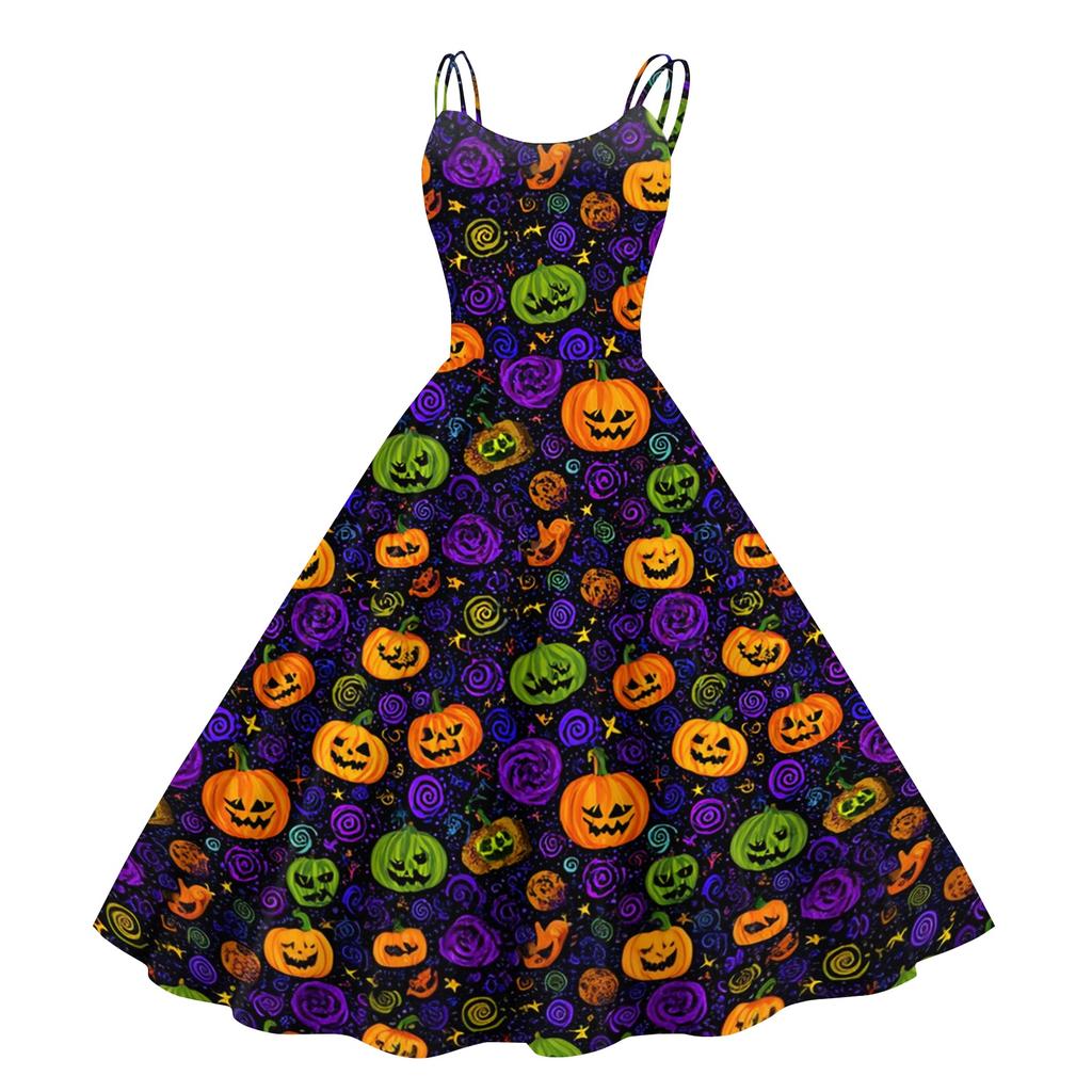 Women's Halloween Print Off Shoulder Vintage Punk Dress Sleeveless Spaghetti Strap Midi Dress with Full Skirt for Costume Party
