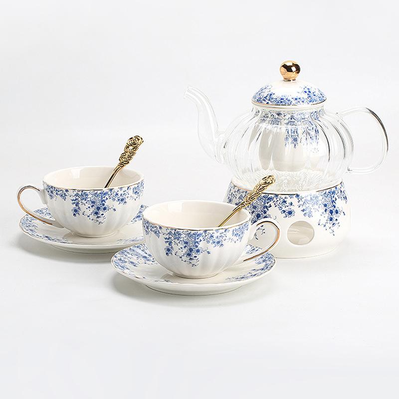 English-style Afternoon Tea Set, Flower Teapot, Heated Glass Teacup, Blue and White Porcelain Coffee Cup and Saucer