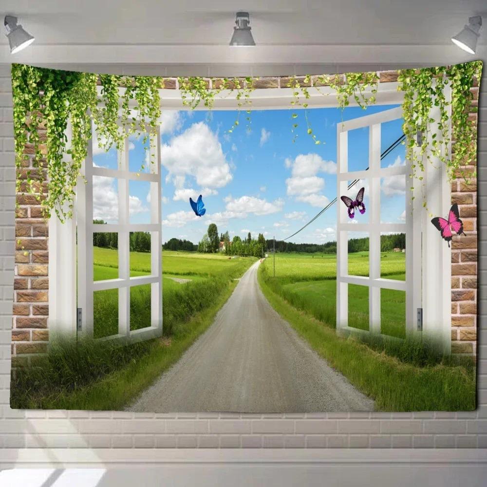 Home decoration natural ecological beach scenery imitation window paper art tapestry background wall room beautiful living room