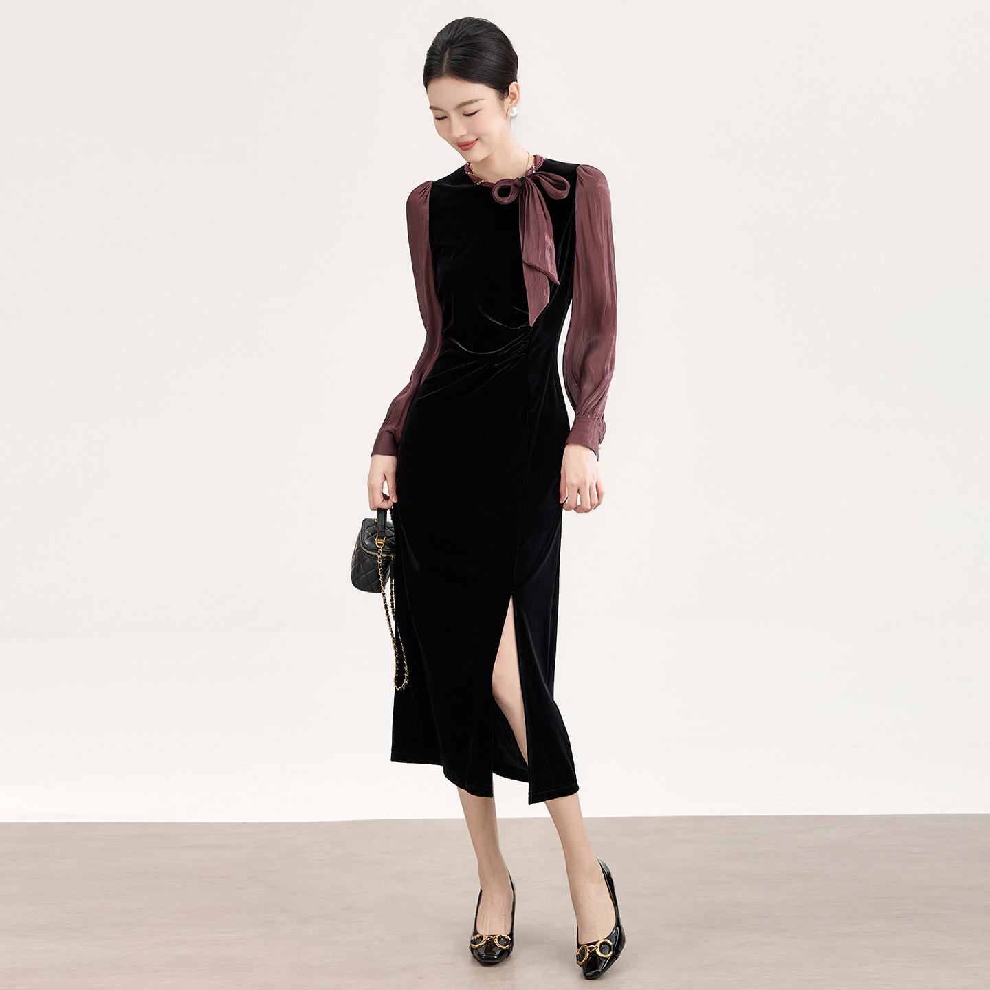 Золотое бархатное плиссированное вечернее платье с разрезом из хрустальной пряжи Small чёрный