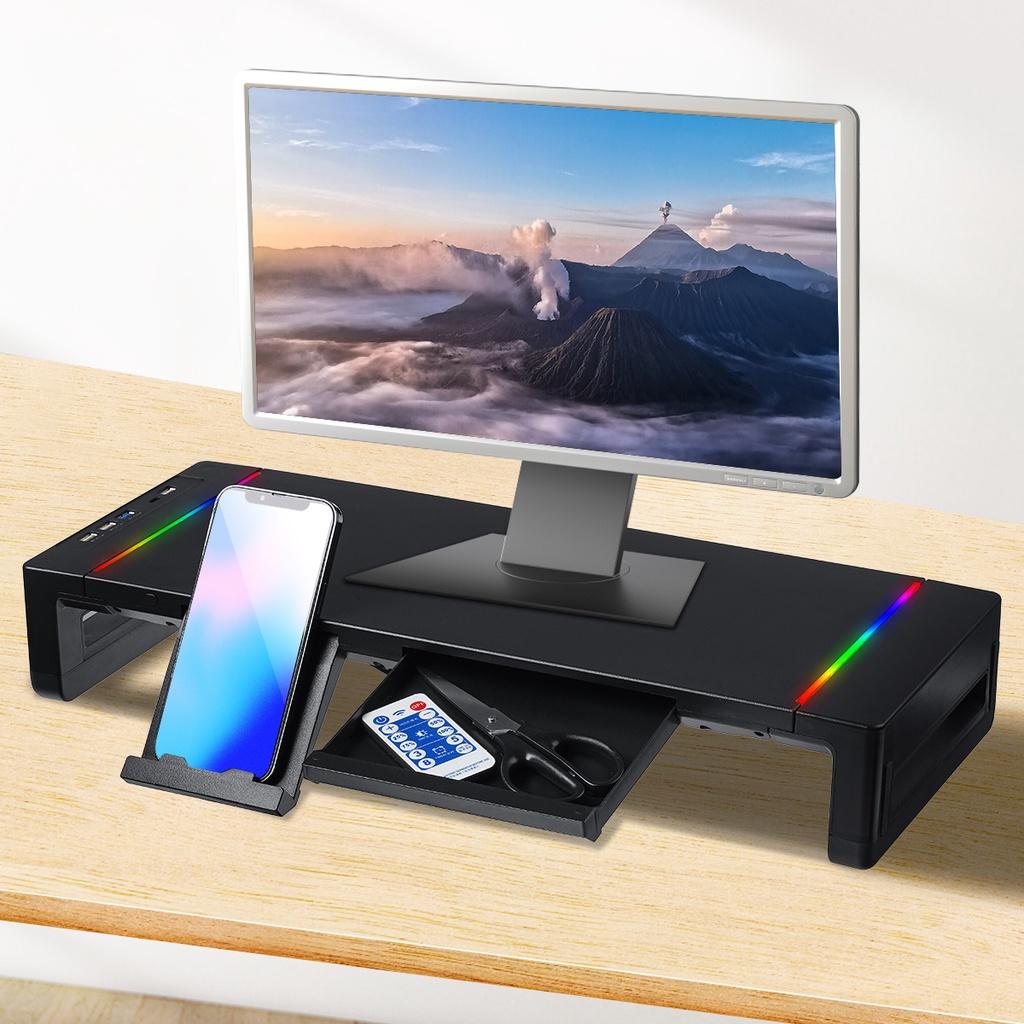 ABS RGB Monitör Standı Yükseltici Masa Desteği 3 USB3.0 Klavye Fare Saklama Rafı Ekran Rafı Şarj Kablolu Çekmeceli Telefon Tutuculu Siyah
