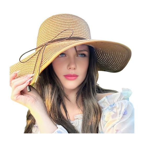 Beach Hat Natural High-Density Straw Fabric Sun Protection Wide Brim Dome Design Sun Hat Lace Bow Faux Pearls Decor Summer Hat