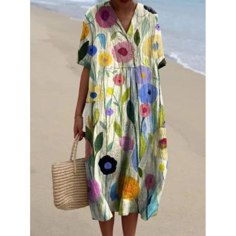 Damen Blumenmuster V-Ausschnitt Maxikleid Boho Kurze Ärmel Locker Strand Sommerkleid