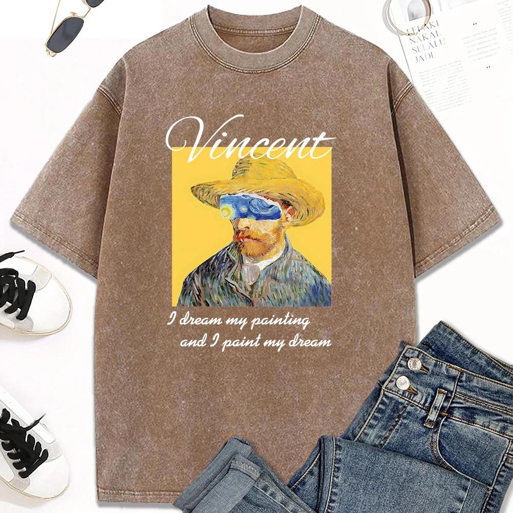 T-shirt Stampata con Pittura ad Olio Personalizzata Estiva T-shirt Vintage Lavata ad Acqua morbida per Uomo e Donna T-shirt Comoda