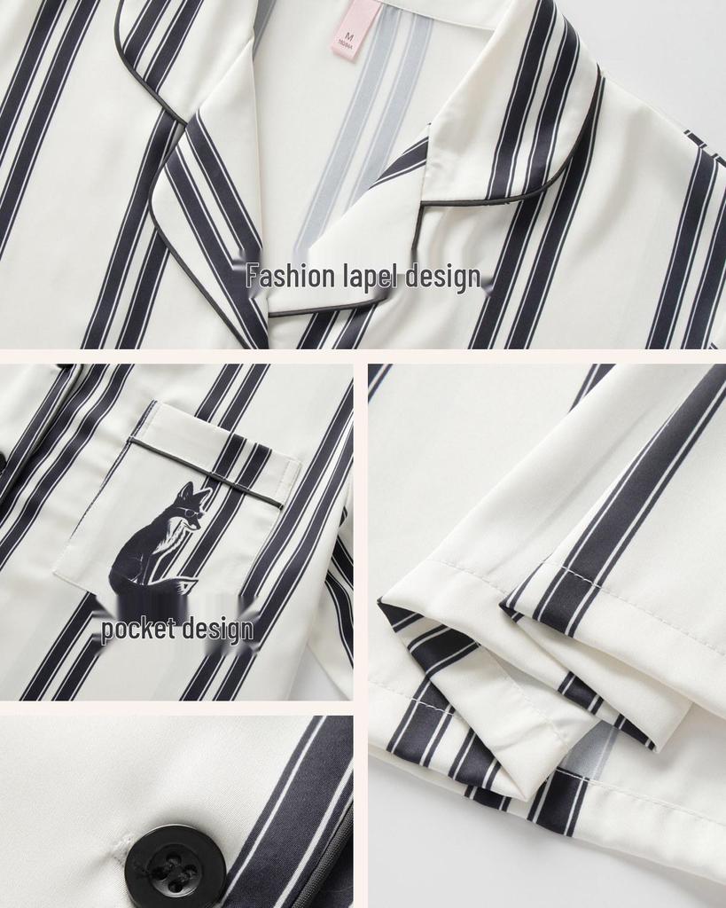 Damen Gestreiftes Eis Seiden Pyjama Set, Kurzarm Oberteil & Shorts für Drinnen oder Draußen