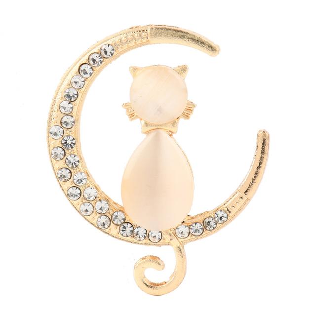 Rhinestone Opal Stone Moon Cat Brooch Pin For Women Cute Kitten Animal Crystal Corsage Brooches Clothes Accessories Gift