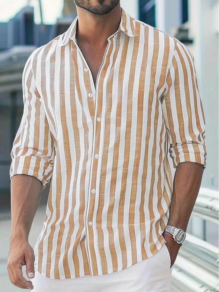 Men's Striped Turn-Down Collar Long Sleeve Shirt for Spring and Autumn 2026.