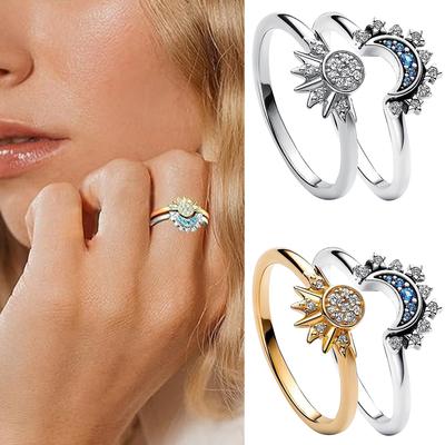 Minimalist Shiny Sun Blue Diamond Moon Kadın İkili Yüzük Seti