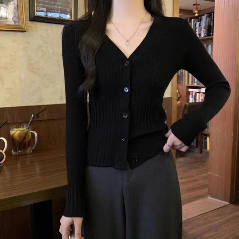 Slim-fit Solid-color Knitted Bottoming Shirt Women's Spring and Autumn Shoulder Sweater Cardigan with Temperament and Thin Top