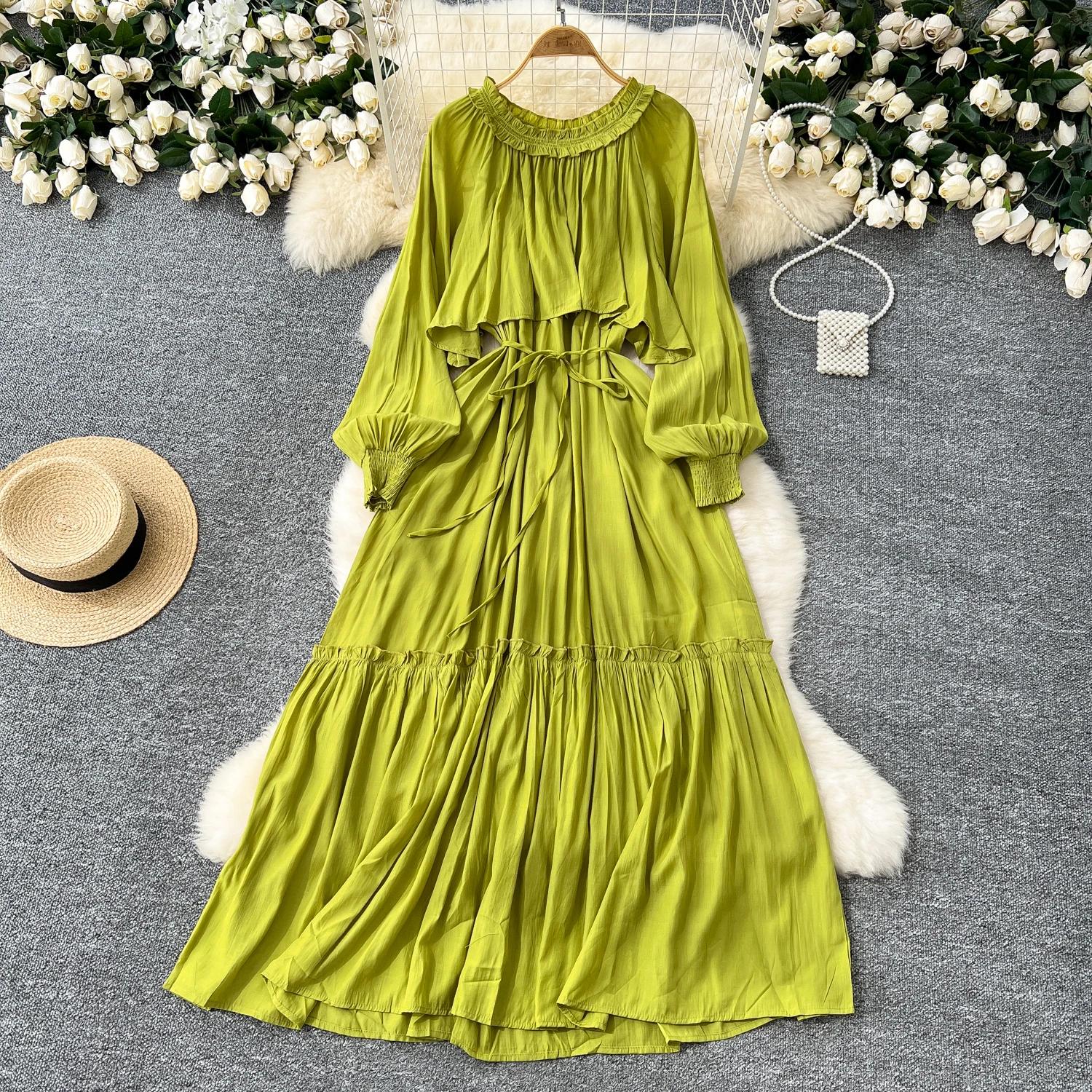 

Элегантные асимметричные платья с оборками в винтажном стиле, с круглым вырезом, шикарные, с длинным рукавом, с кружевной шнуровкой, французские вечерние, для улицы, осенняя одежда One Size светло-зеленый