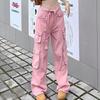 Streetwear Pockets Vintage Wide Leg Pants Women Fashion Loose Cargo Pants Women Solid Mid-Waiat Straight Trouser Pantalons 29649