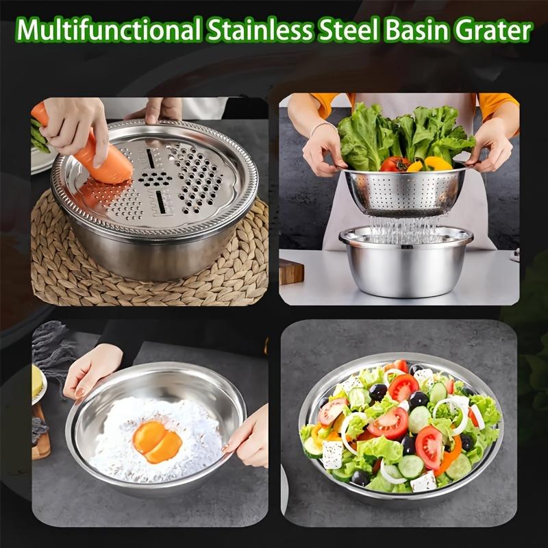 4-in-1 Stainless Steel Multifunctional Basin with Lid Airtight Rice Washer Drain Colander Ginger & Cheese Grater Cooking Tools