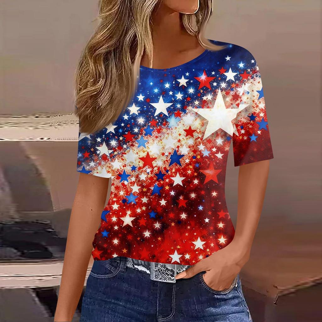 Women's Fashionable Casual Short Sleeve Print Round Neck Pullover Top