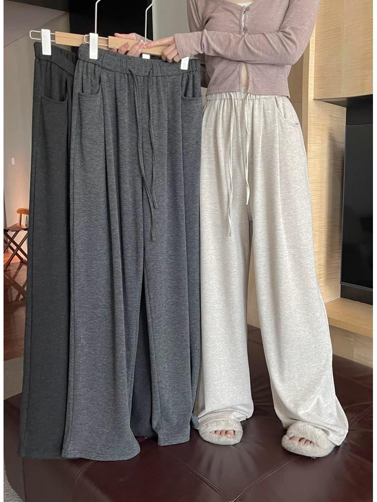 Petite High-Waisted Wide-Leg Sweatpants for Women - Autumn/Winter, Drape Style, Floor-Length, Small Size, Soft, Casual, 145XS.