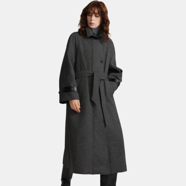 ELLE French Style Elegant Minimalist Long Coat Women Coats Gray Plaid EF49772